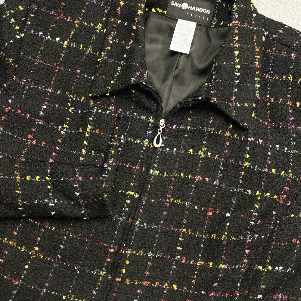 VTG 80's Boucle Blazer Women's Sz 14 PETITE Zip Blazer Colorful Check Rainbow